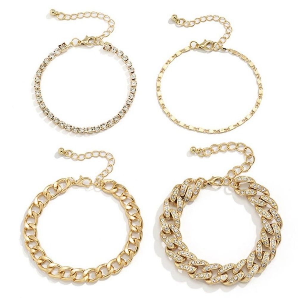 4-Piece Inlaid Rhinestone Bling Gold Chain Bracelet Set - Picture 2 of 3